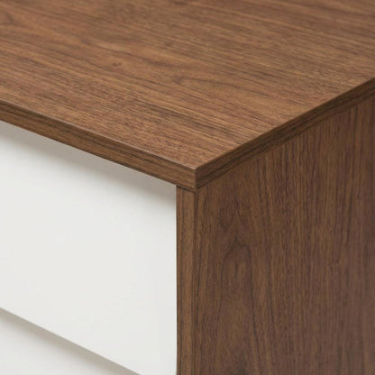 White Mid-Century Modern Nightstand with Walnut Finish and Storage