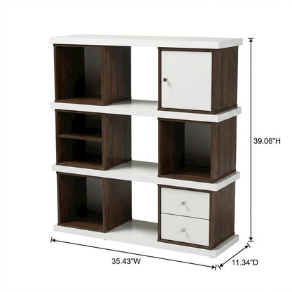 Modern Two-Tone White and Walnut Brown Bookcase with 2 Drawers