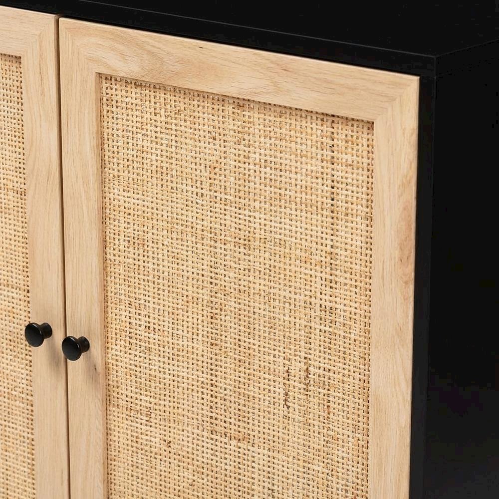 Wood And Rattan 2-Door Storage Cabinet With Mid-Century Style