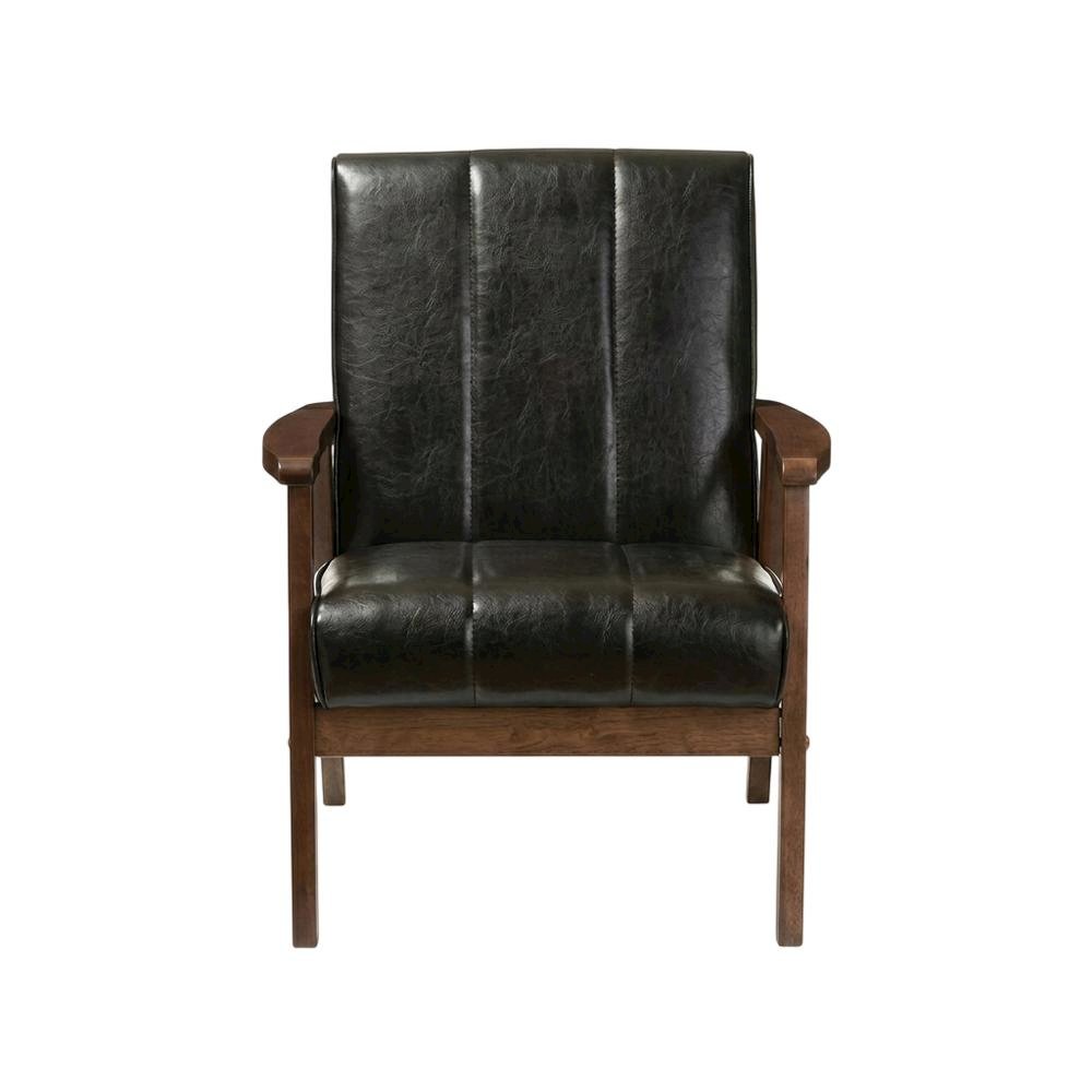 Black Faux Leather Scandinavian Lounge Chair with Wooden Frame