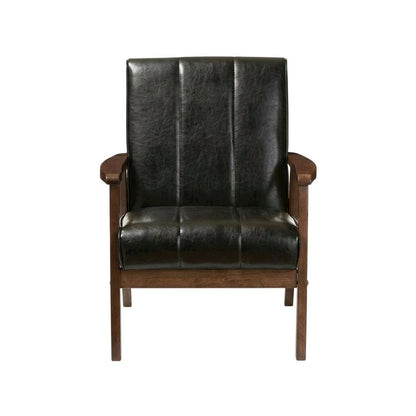 Black Faux Leather Scandinavian Lounge Chair with Wooden Frame