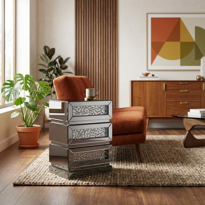 Mirrored End Table with 3 Drawers and Elegant Reflective Finish