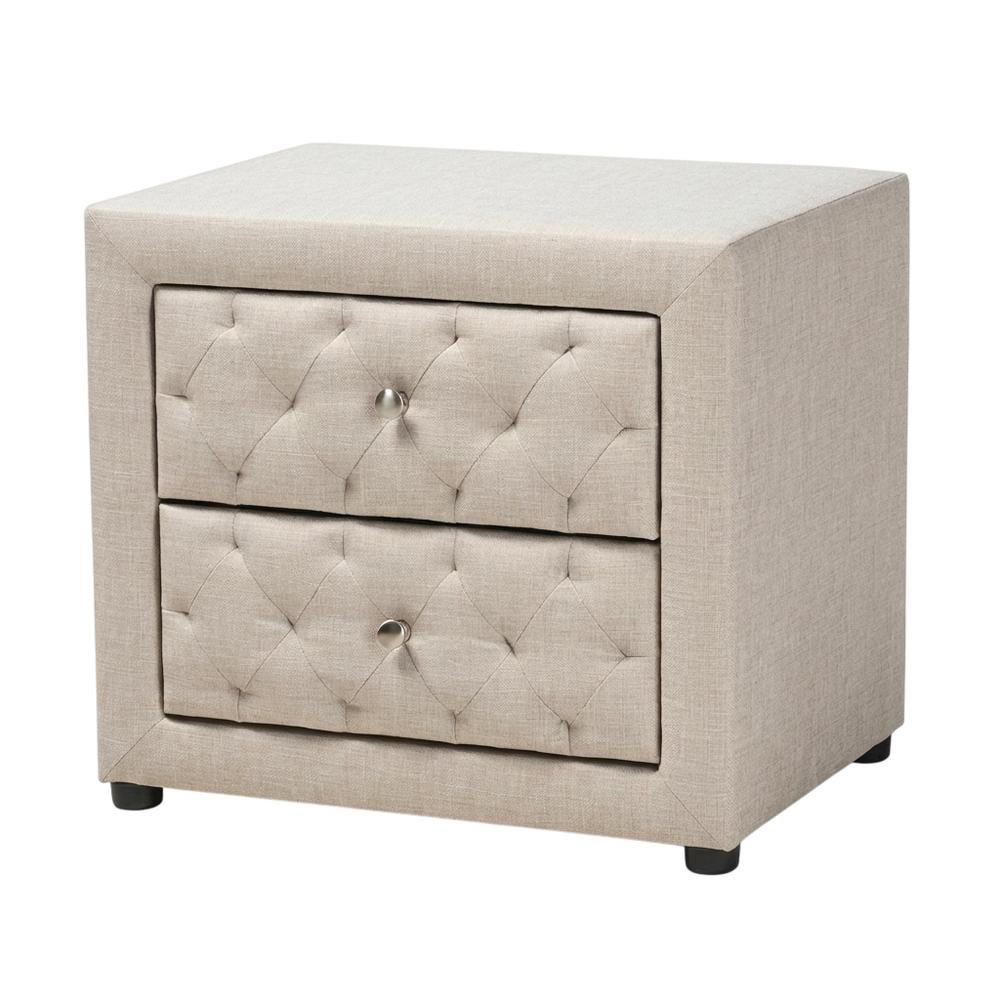 Light Beige Fabric Upholstered Nightstand with Wood Frame and Button Tufting