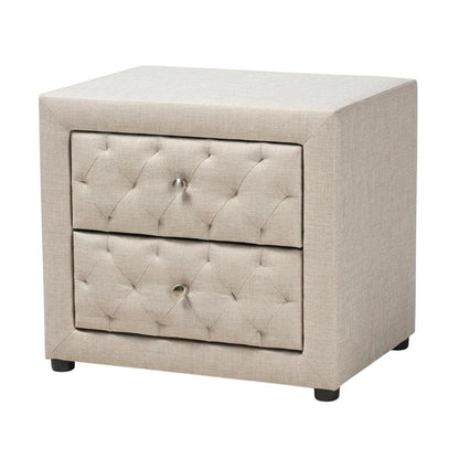 Light Beige Fabric Upholstered Nightstand with Wood Frame and Button Tufting