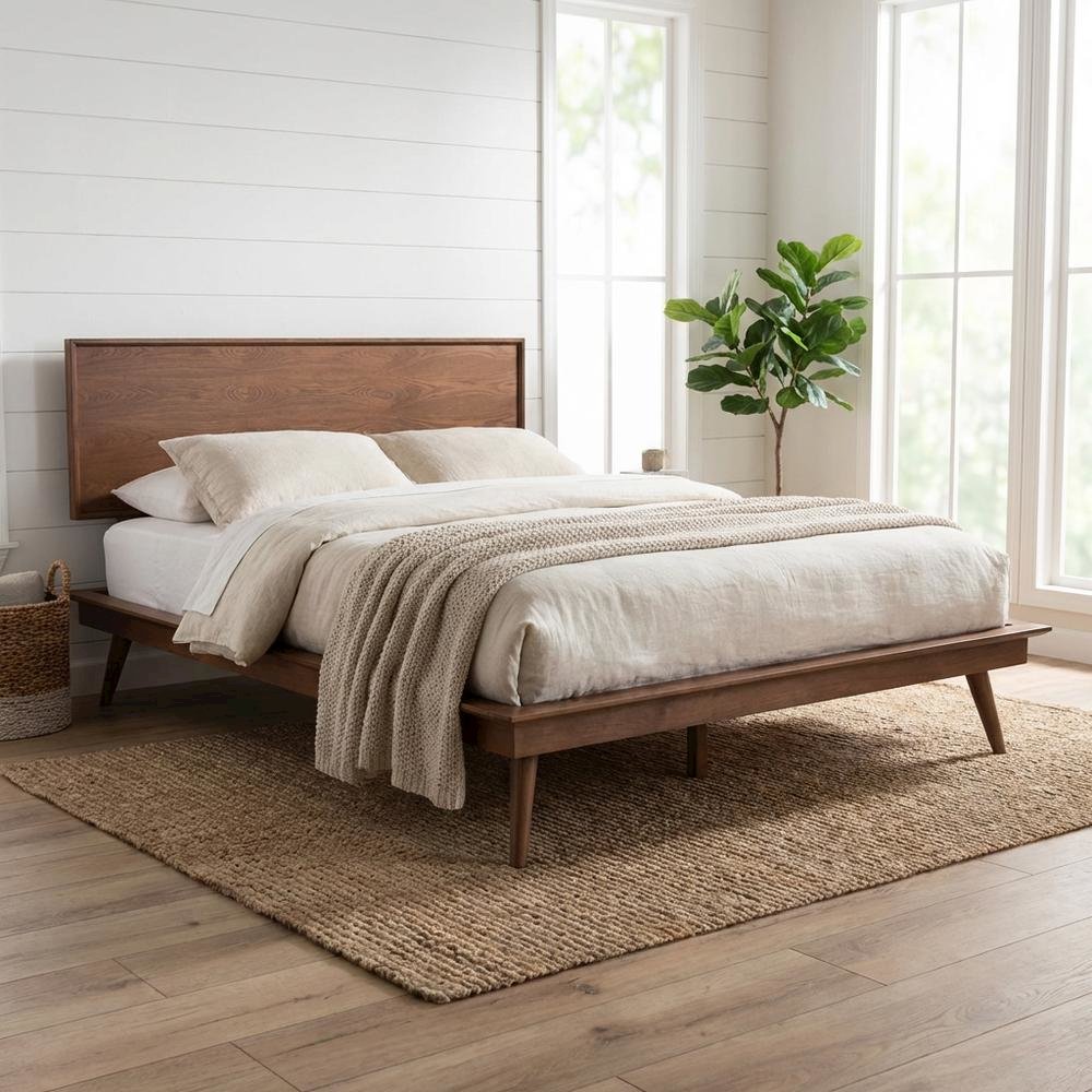 Mid-Century Full Size Platform Bed with Walnut Finish and Rubberwood Frame