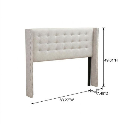 Greyish Beige Fabric King Size Headboard, Button-Tufted Nailhead Winged Design