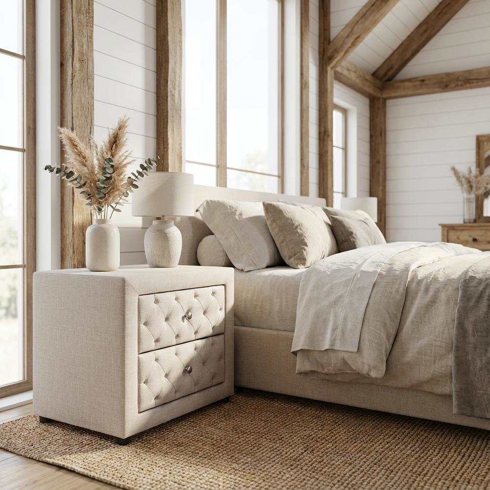 Light Beige Fabric Upholstered Nightstand with Wood Frame and Button Tufting