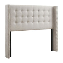 Greyish Beige Fabric King Size Headboard, Button-Tufted Nailhead Winged Design