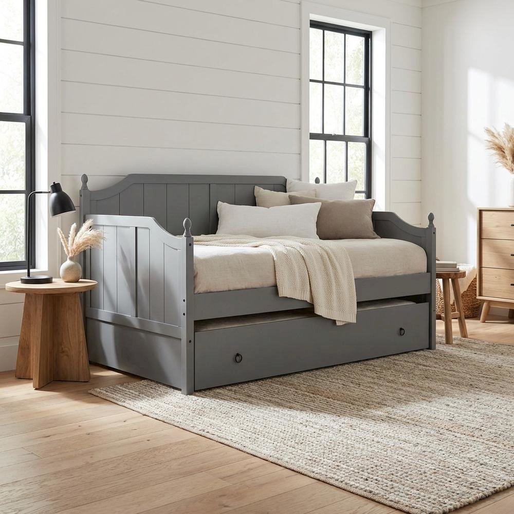 Grey finish wood twin size daybed with trundle, rustic style, sturdy frame