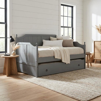 Grey finish wood twin size daybed with trundle, rustic style, sturdy frame