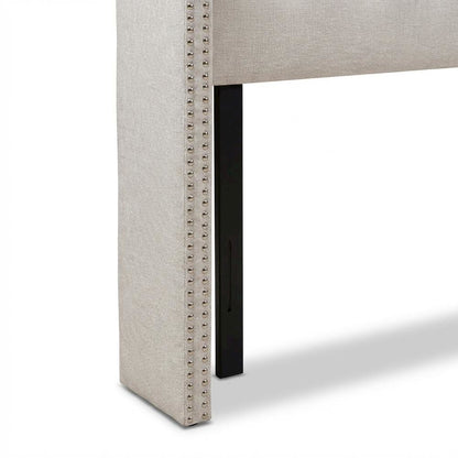 Greyish Beige Fabric King Size Headboard, Button-Tufted Nailhead Winged Design
