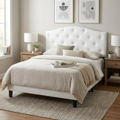 White Faux Leather Headboard, Full Size, Upholstered Button-Tufted, Scalloped