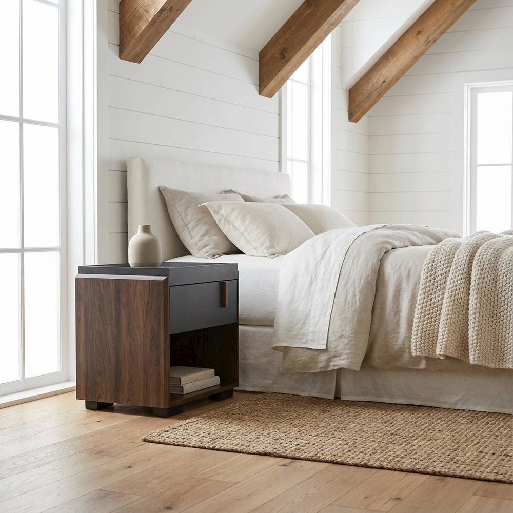 Gray and Walnut Finish Nightstand with One Drawer, Contemporary Style