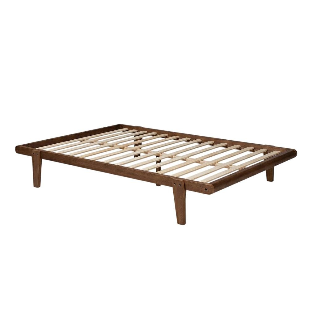 Mid-Century Full Size Platform Bed Frame in Brown, Rubberwood Construction