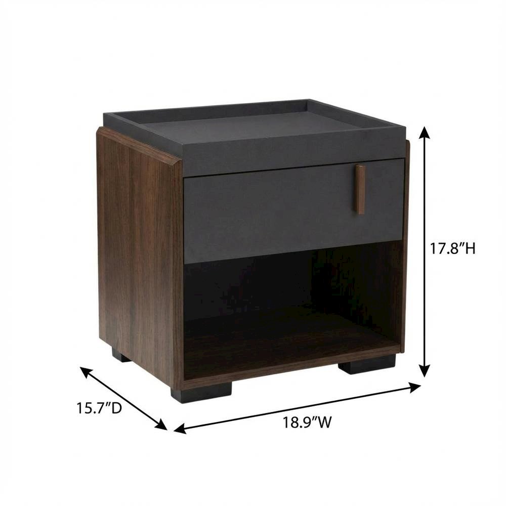 Gray and Walnut Finish Nightstand with One Drawer, Contemporary Style