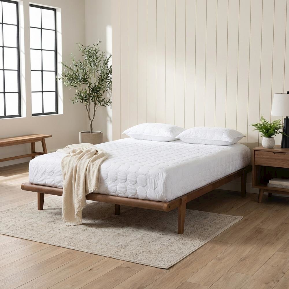 Mid-Century Full Size Platform Bed Frame in Brown, Rubberwood Construction