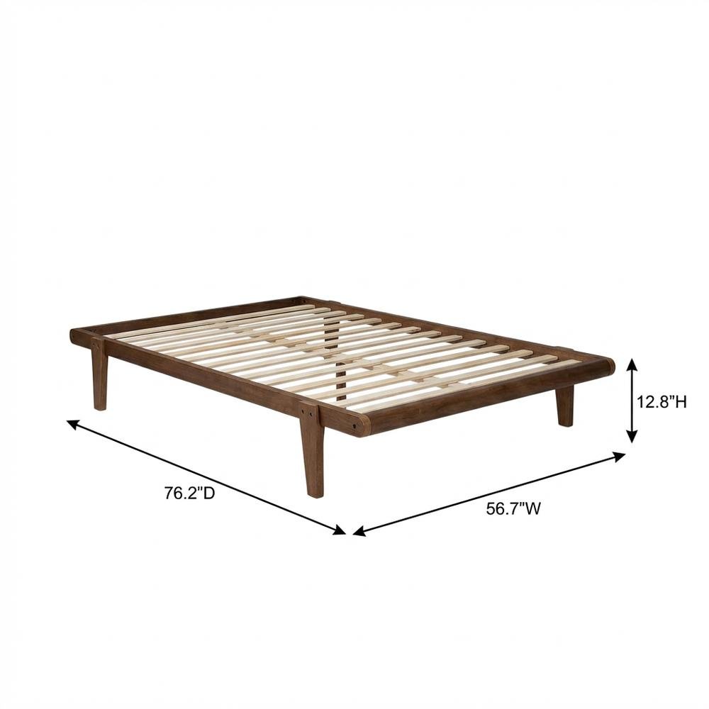 Mid-Century Full Size Platform Bed Frame in Brown, Rubberwood Construction