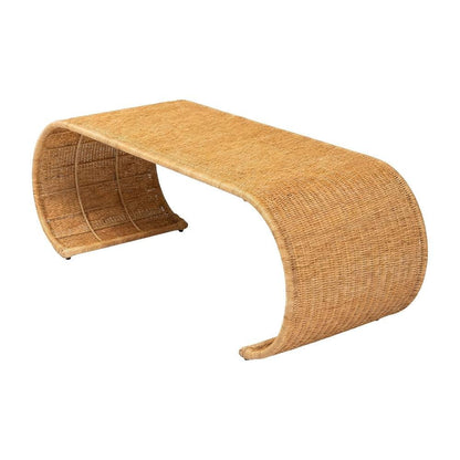 Genuine Rattan Coffee Table with Handwoven Wicker Top and Metal Frame