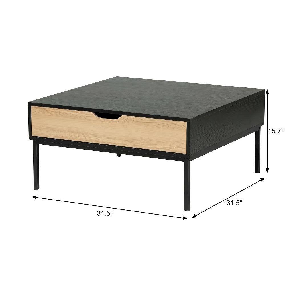 Two-Tone Oak Brown and Black Coffee Table with Metal Legs and Modern Design