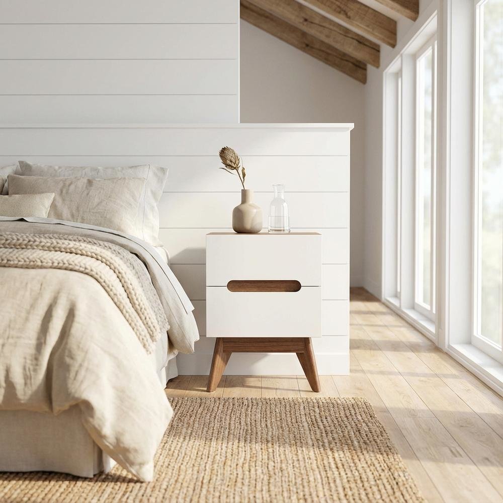Mid-Century Modern Nightstand with White and Walnut Finish, 3-Drawer Storage