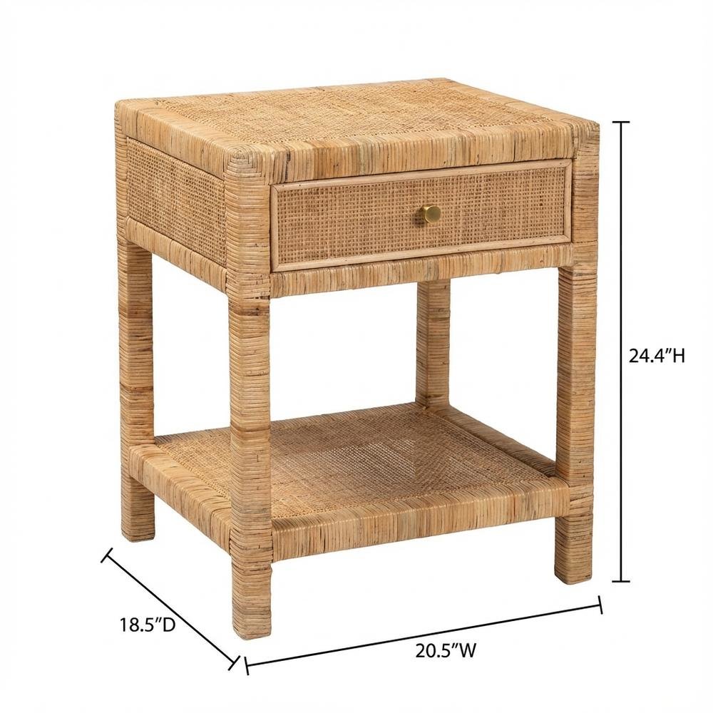 Bohemian Rattan and Mahogany Nightstand with Single Drawer and Stylish Design