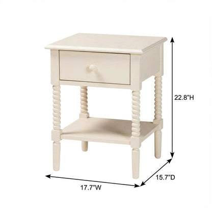 Ivory Farmhouse Nightstand with Spindle Wood Finish and Single Drawer
