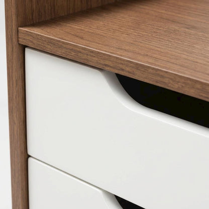 Mid-Century Modern Nightstand in White and Walnut Wood with Storage Drawers