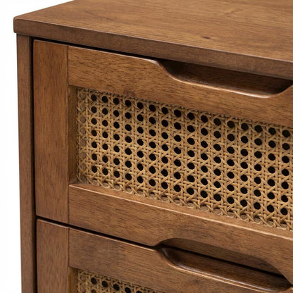 Walnut Finish Nightstand with Synthetic Rattan Accents and 2 Drawers