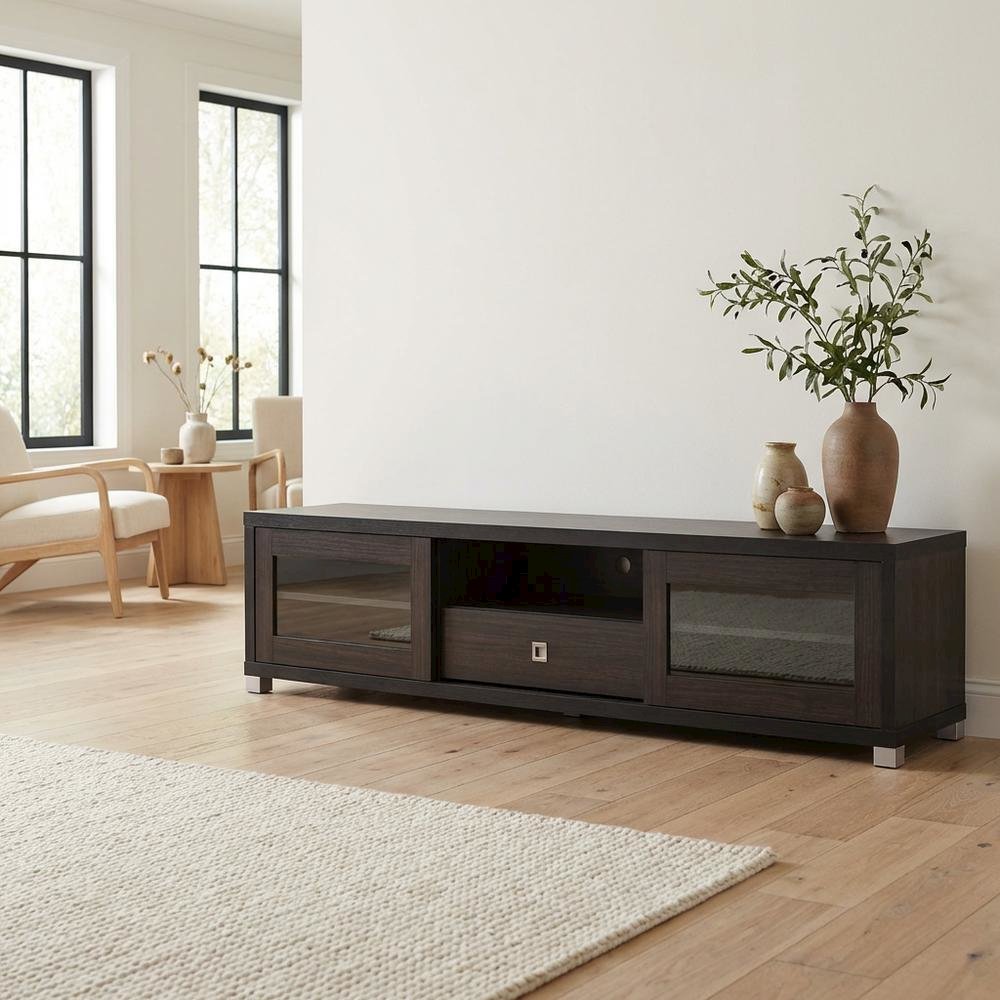 Contemporary Dark Brown TV Cabinet with Sliding Doors and Drawer