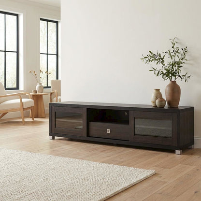 Contemporary Dark Brown TV Cabinet with Sliding Doors and Drawer