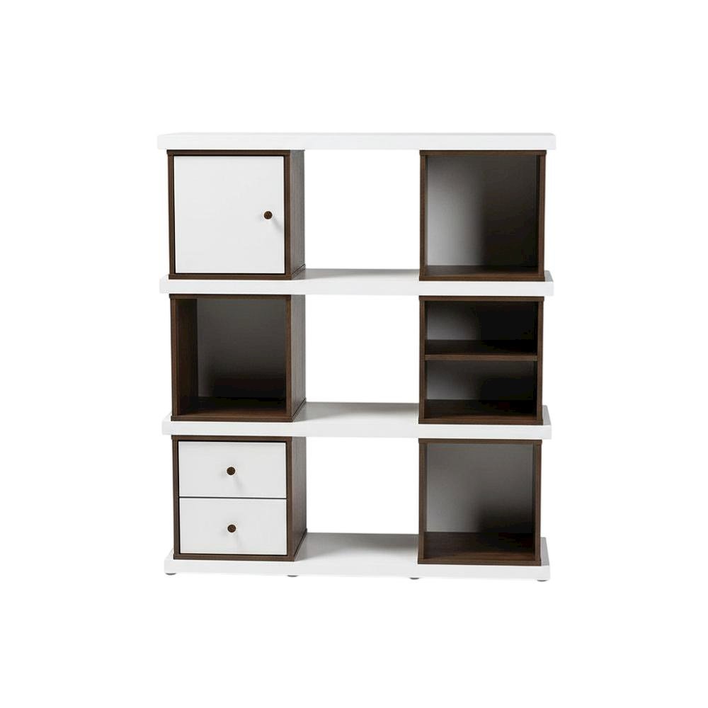 Modern Two-Tone White and Walnut Brown Bookcase with 2 Drawers