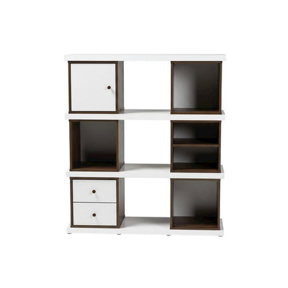 Modern Two-Tone White and Walnut Brown Bookcase with 2 Drawers