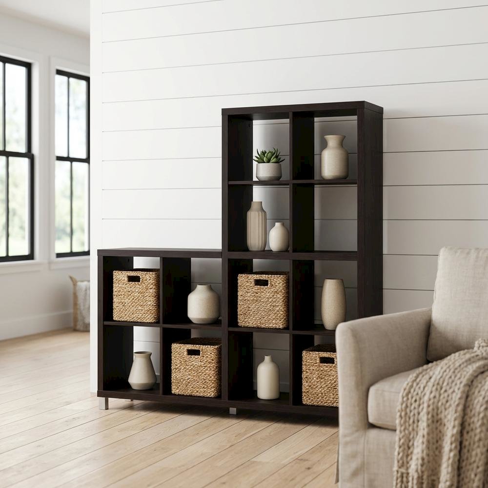 Dark Brown Cube Shelving Unit With Faux Wood Grain Finish For Storage