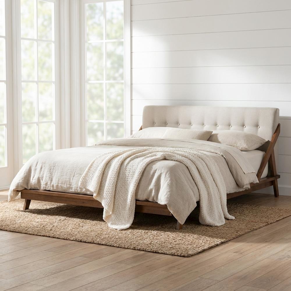 Mid-Century Modern Platform Bed in Light Beige Fabric with Button Tufting