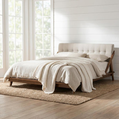 Mid-Century Modern Platform Bed in Light Beige Fabric with Button Tufting