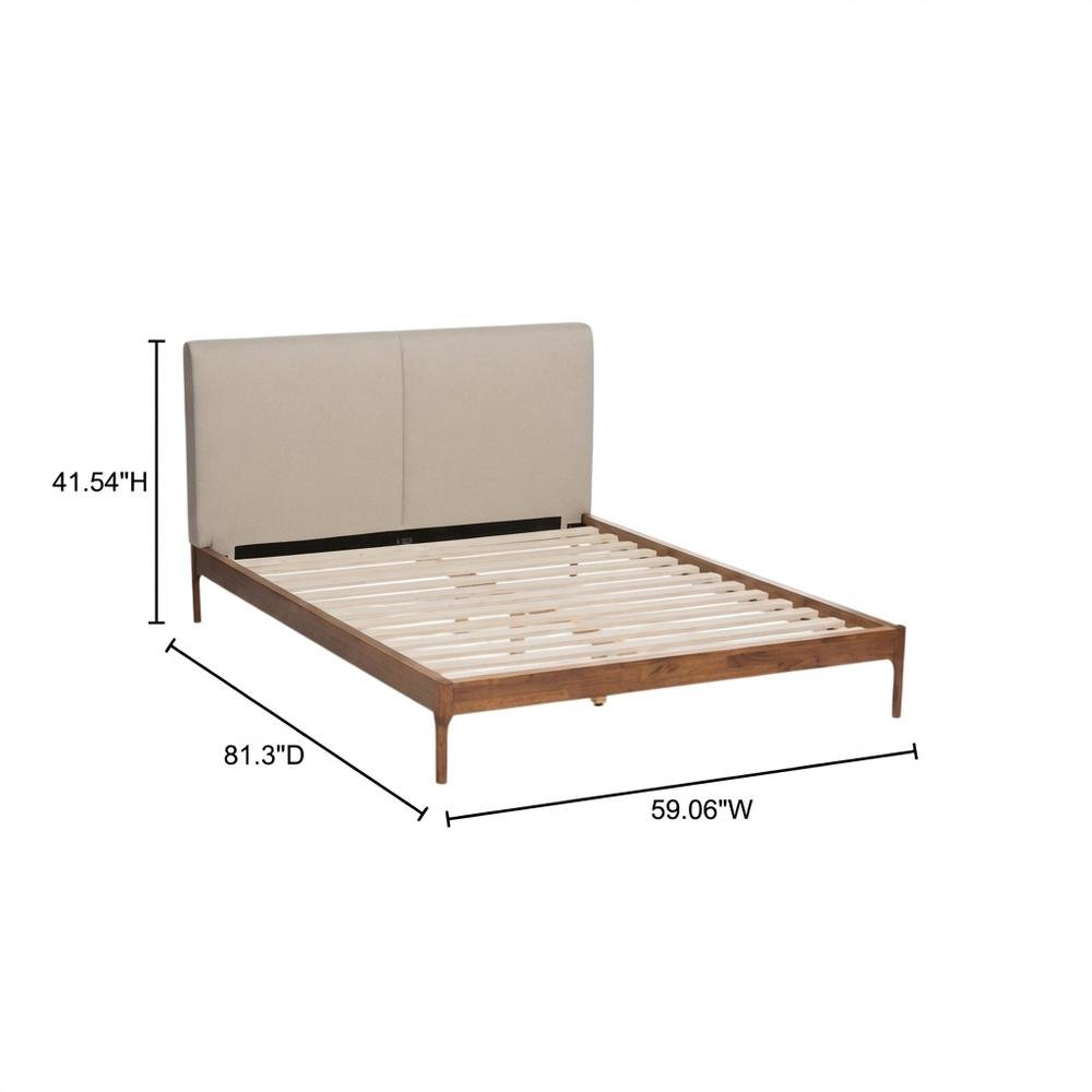 Mid-Century Modern Beige Fabric Upholstered Full Platform Bed with Walnut Finish