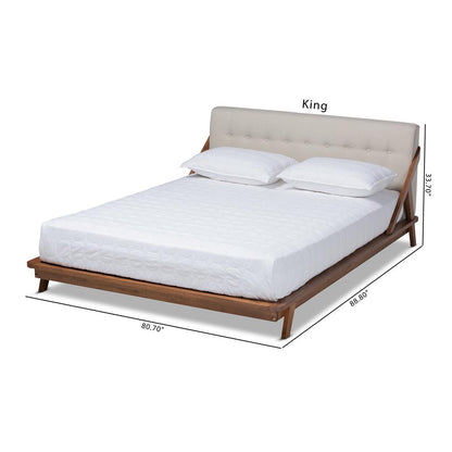 Mid-Century Modern Platform Bed in Light Beige Fabric with Button Tufting