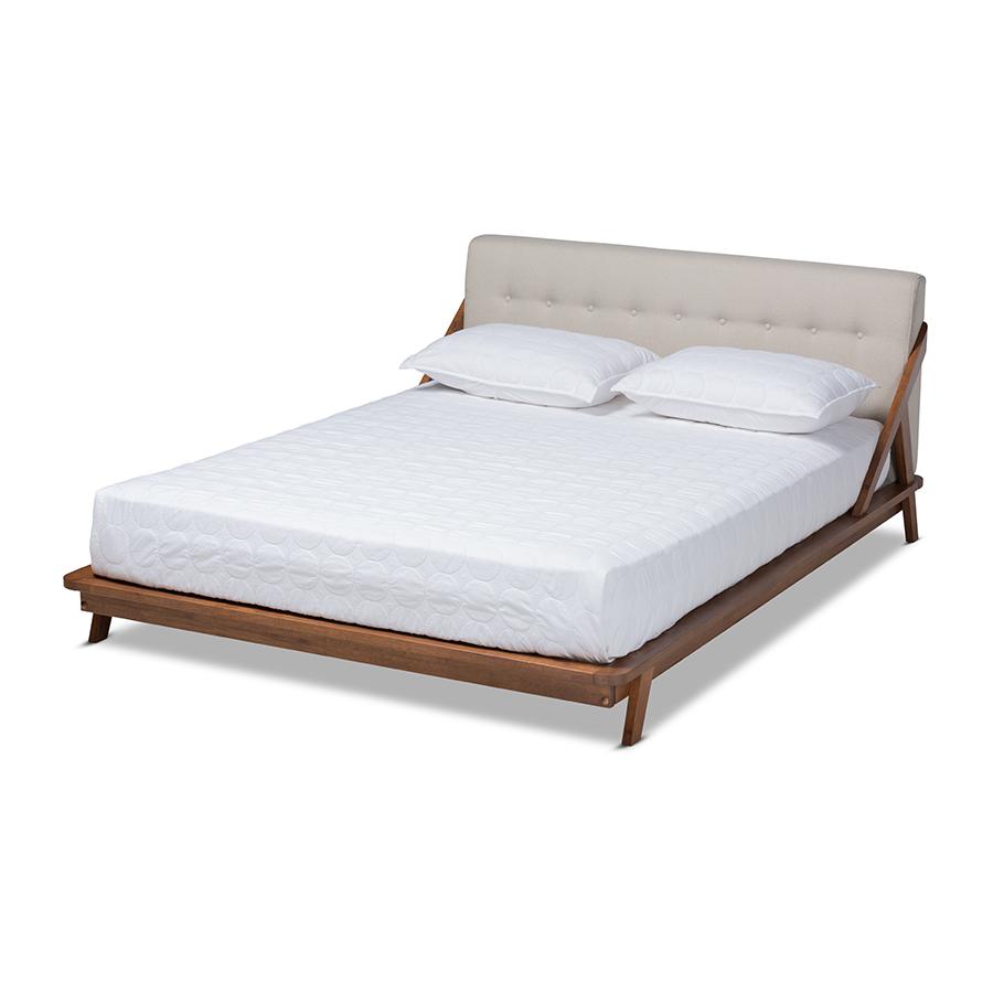 Mid-Century Modern Platform Bed in Light Beige Fabric with Button Tufting