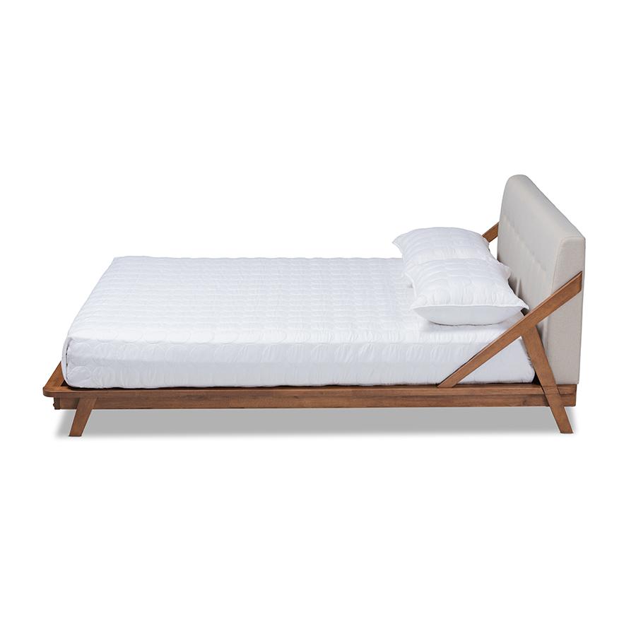 Mid-Century Modern Platform Bed in Light Beige Fabric with Button Tufting