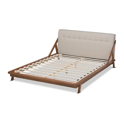 Mid-Century Modern Platform Bed in Light Beige Fabric with Button Tufting