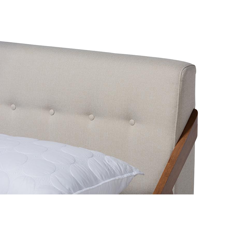 Mid-Century Modern Platform Bed in Light Beige Fabric with Button Tufting