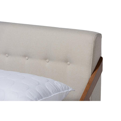 Mid-Century Modern Platform Bed in Light Beige Fabric with Button Tufting