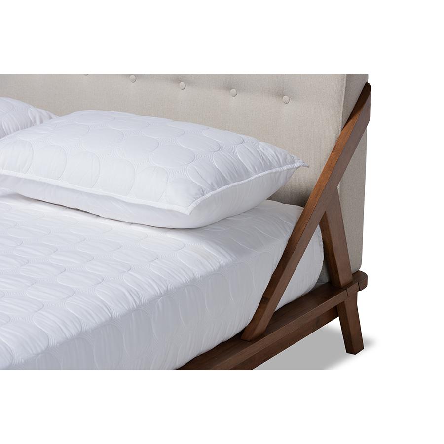Mid-Century Modern Platform Bed in Light Beige Fabric with Button Tufting