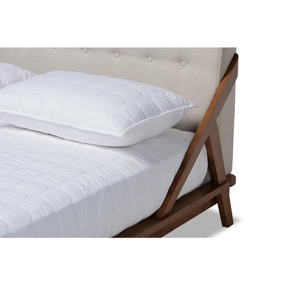Mid-Century Modern Platform Bed in Light Beige Fabric with Button Tufting