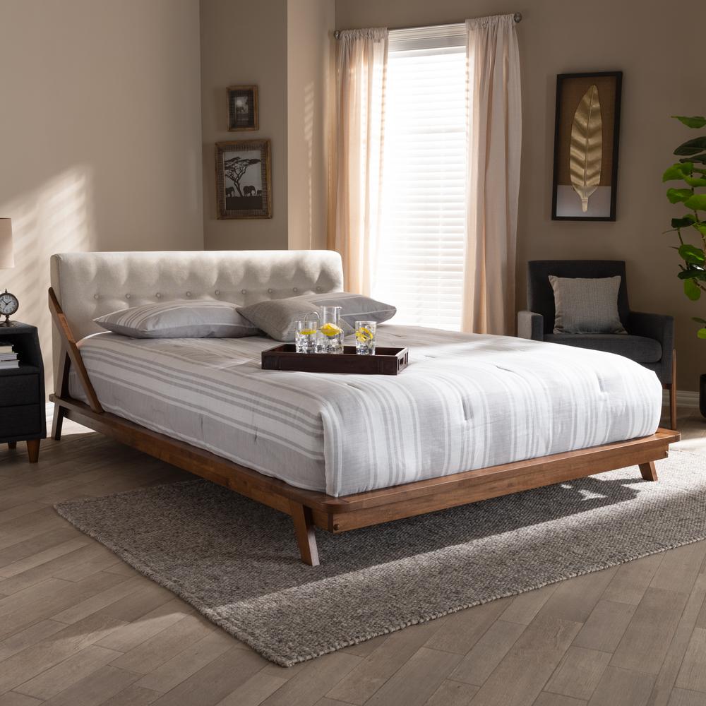 Mid-Century Modern Platform Bed in Light Beige Fabric with Button Tufting
