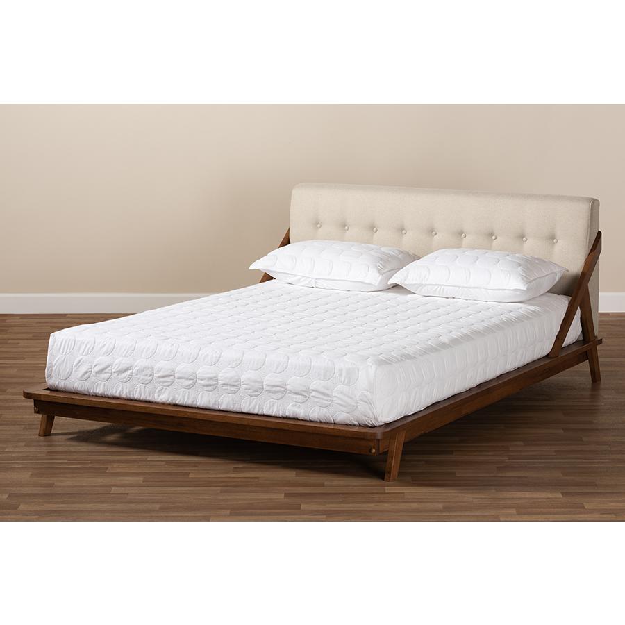 Mid-Century Modern Platform Bed in Light Beige Fabric with Button Tufting