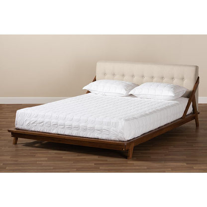 Mid-Century Modern Platform Bed in Light Beige Fabric with Button Tufting