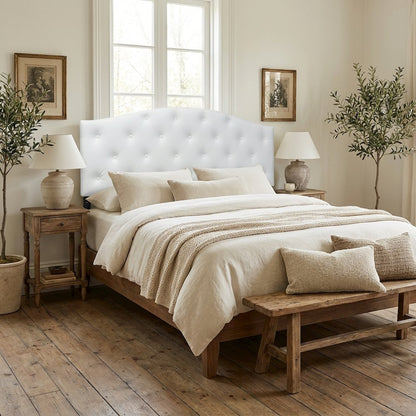 White Faux Leather Headboard, Full Size, Upholstered Button-Tufted, Scalloped
