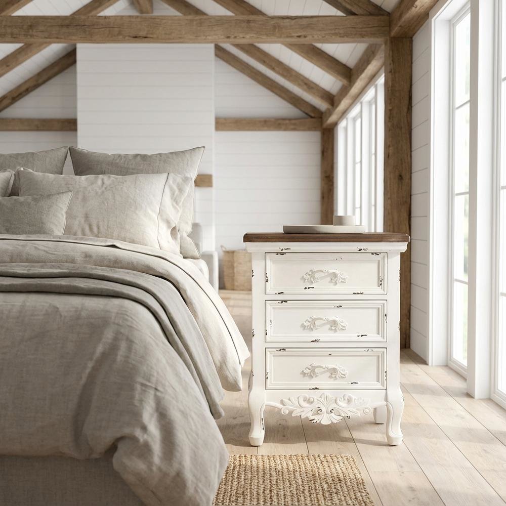 Walnut Brown and White Finished Nightstand with 3 Drawers and Traditional Style