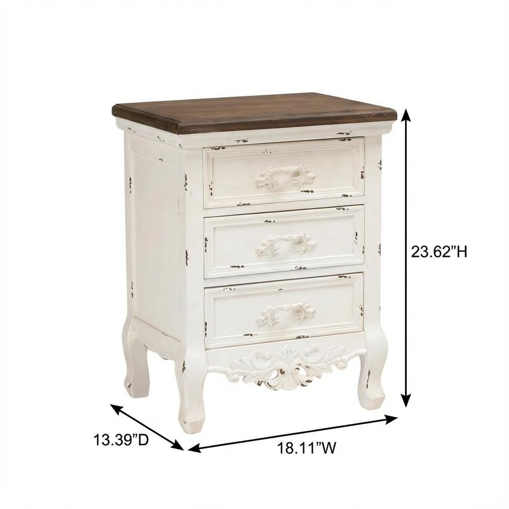 Walnut Brown and White Finished Nightstand with 3 Drawers and Traditional Style
